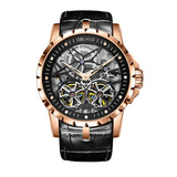 2019 OBLVLO Mens Military Watches Automatic Watches Waterproof Rose Gold Skeleton Watch Brown Leather Strap Montre Homme OBL3606